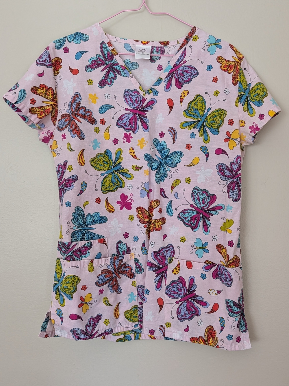 B Scrubs Pink Butterfly Print V-Neck Nurses Top